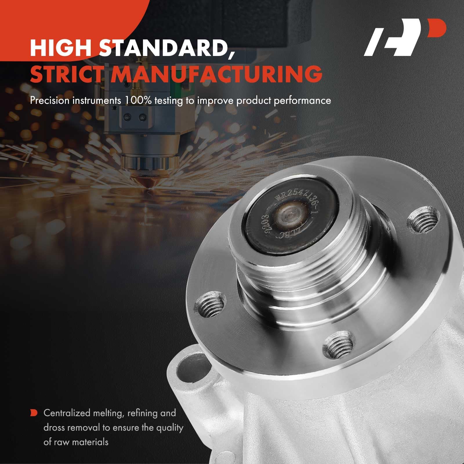 A-Premium engine water pump assembly closeup reveals seven-vaned impeller for efficient flow.