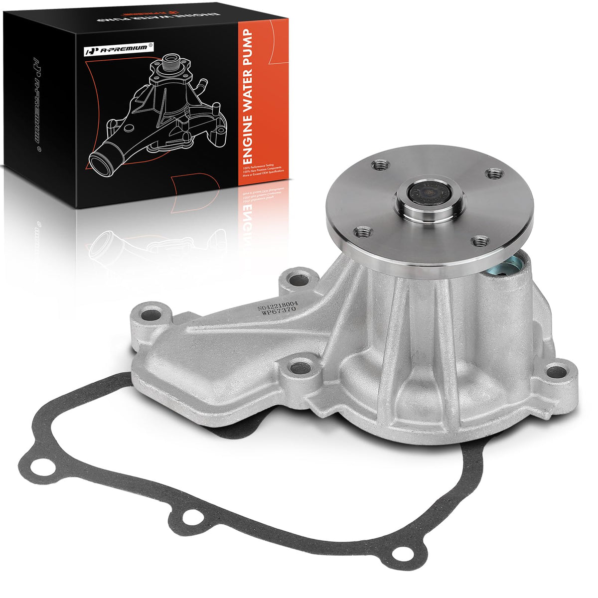 APremium engine water pump front view with aluminum housing for reliable cooling