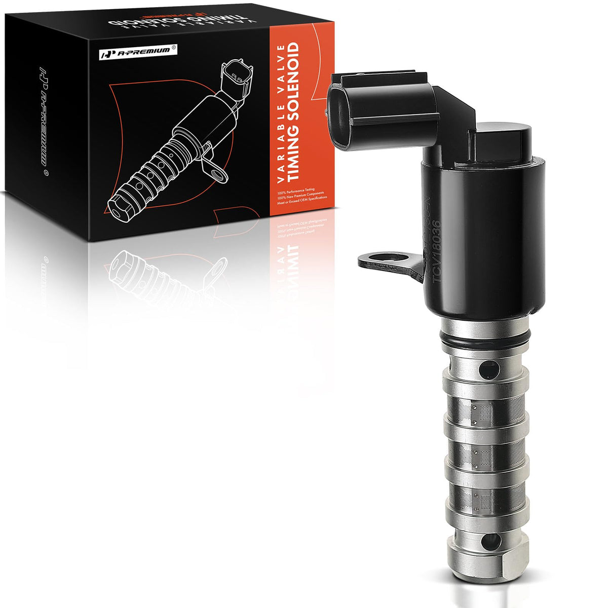 A-Premium exhaust VVT solenoid main view with silver finish and compact design.