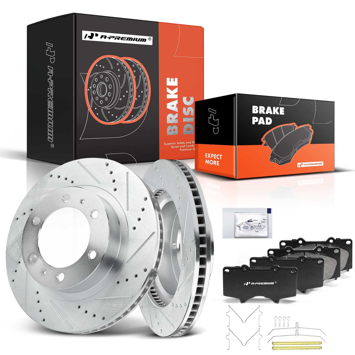A-Premium front drilled-slotted rotor 319mm for enhanced heat dissipation and stopping power