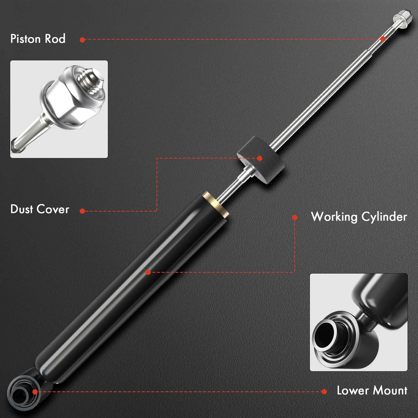 A-Premium front-shock-damper side view highlights robust damping for rough roads.