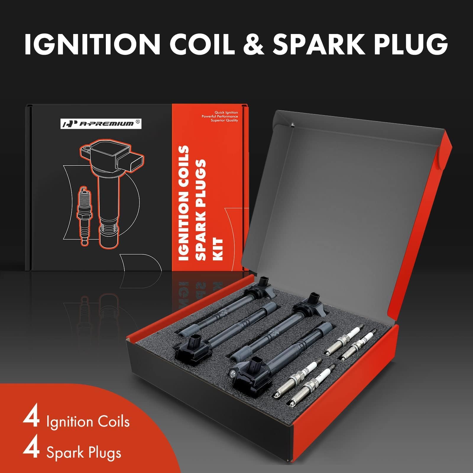 A-Premium ignition coil pack side view with bolt-on mounting for easy installation.