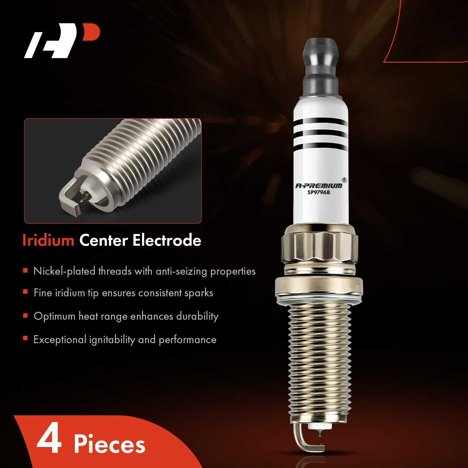 Close-up of A-Premium spark plug electrode-tip showing iridium design
