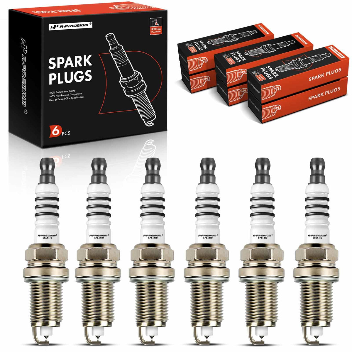 A-Premium Iridium Platinum Spark Plugs 6-pack front view for long-lasting ignition.