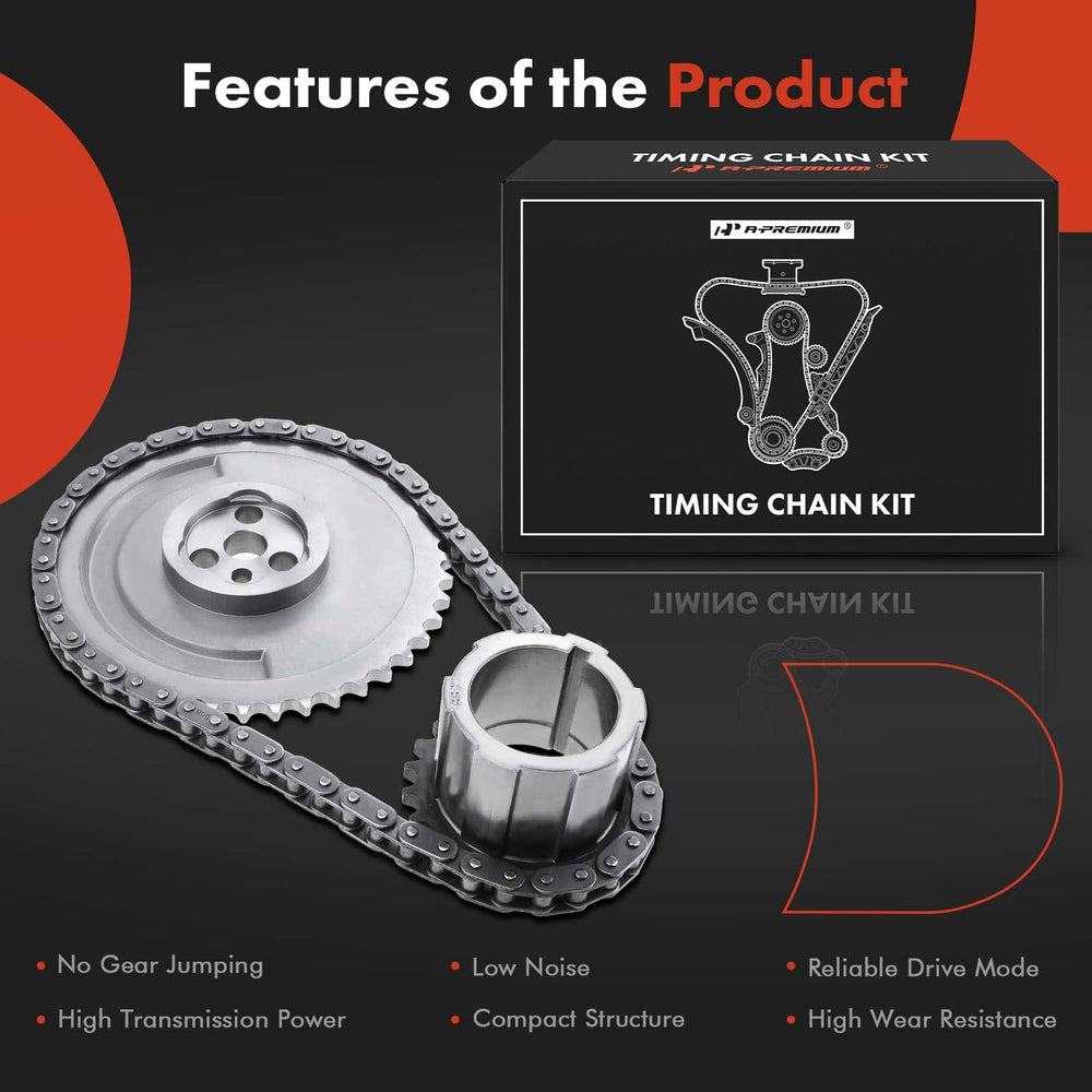 Kit contents arranged with timing chain and crank gear highlighted