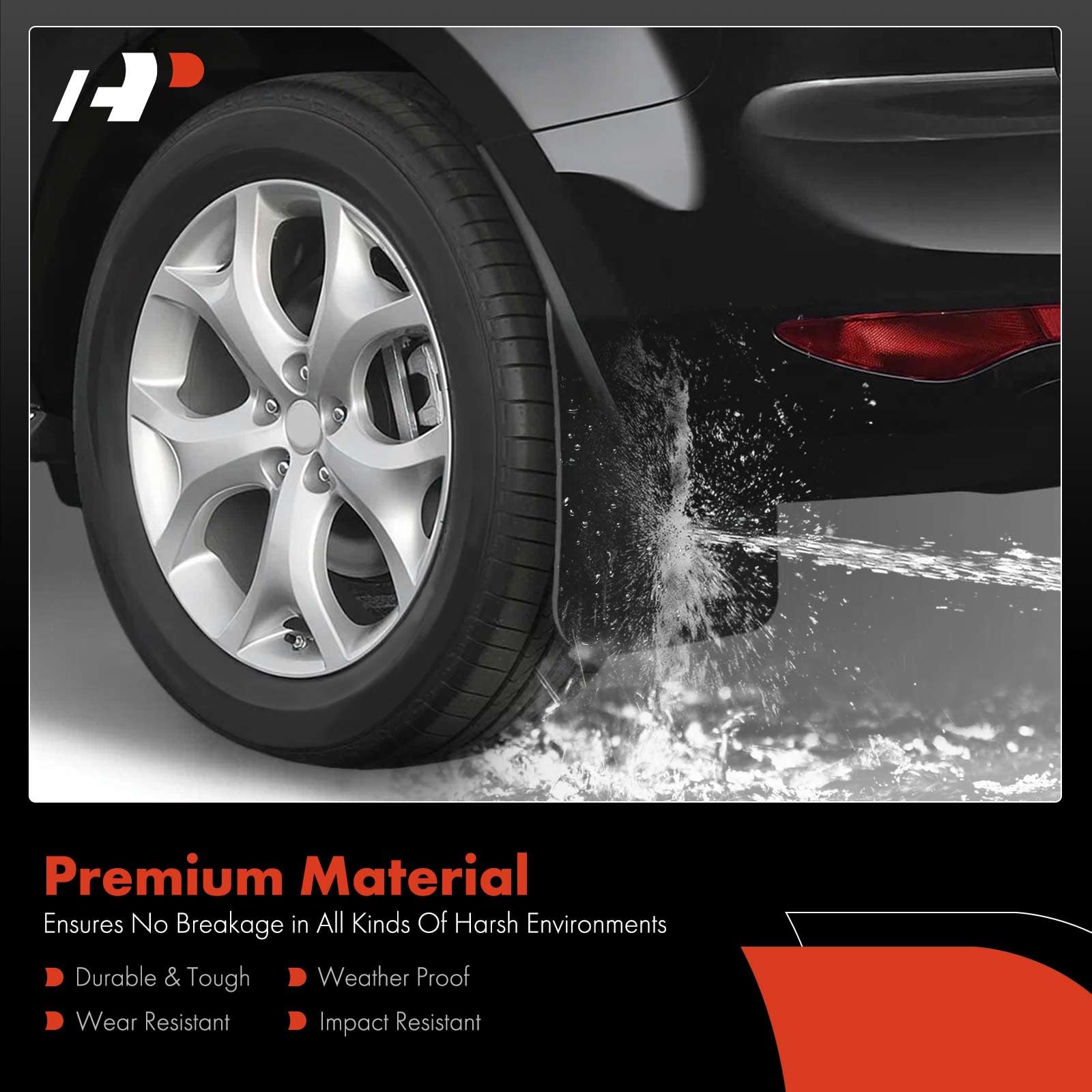 A-Premium mud flaps front right angle shield the body from mud and chips during city driving.