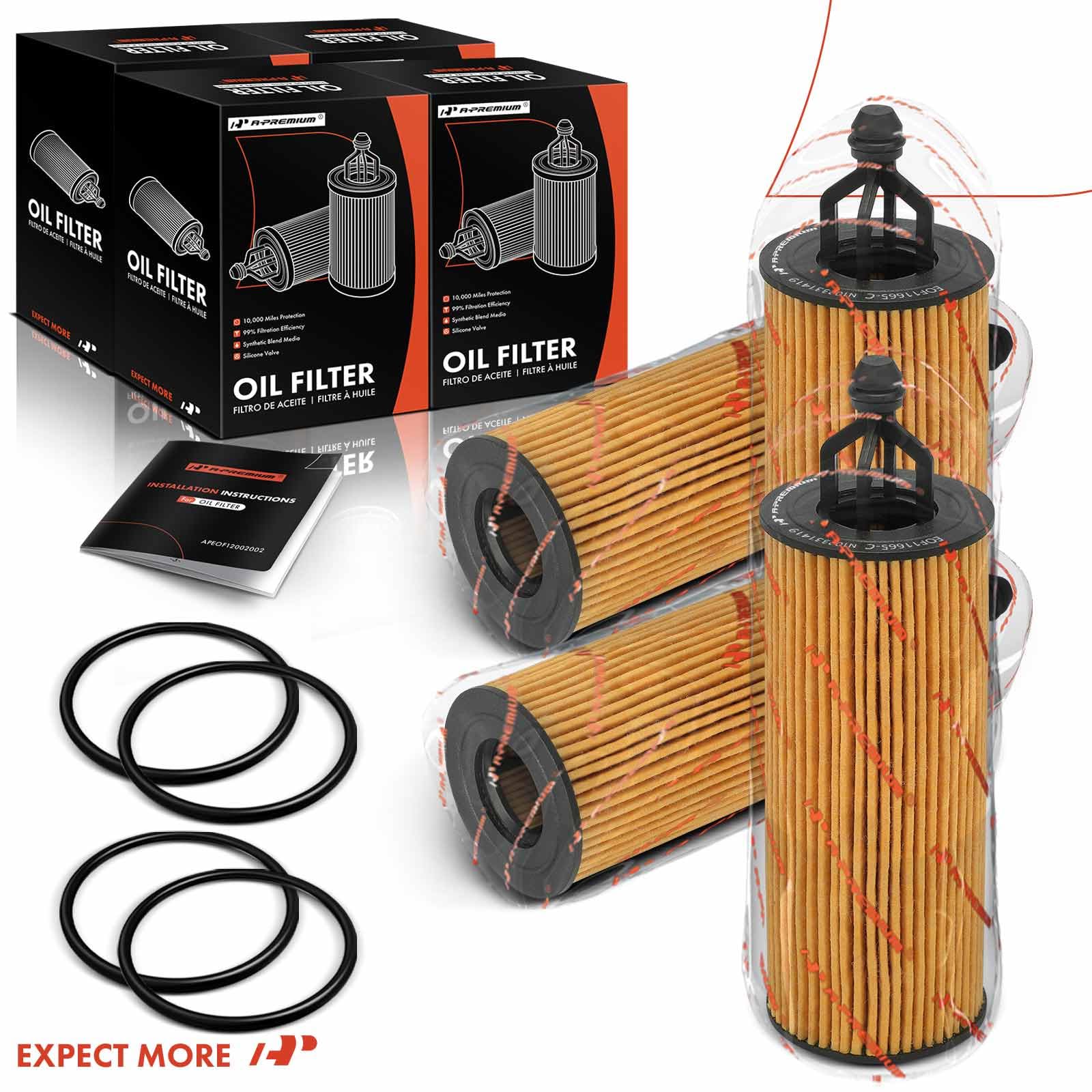 Packaging display shows 4-filter kit and included O-rings for easy setup.