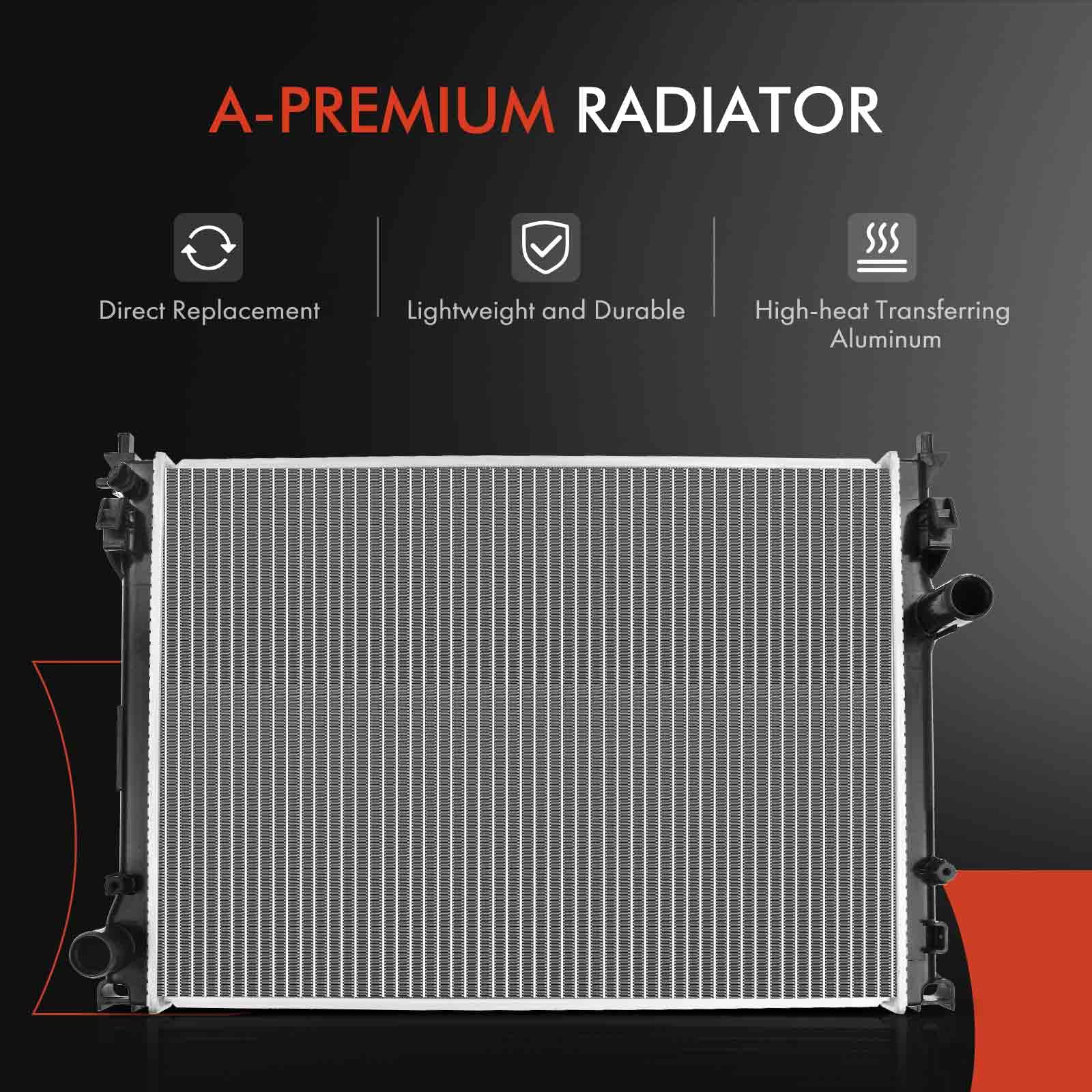 A-Premium radiator vehicle-fitment label shows Chrysler and Dodge compatibility.