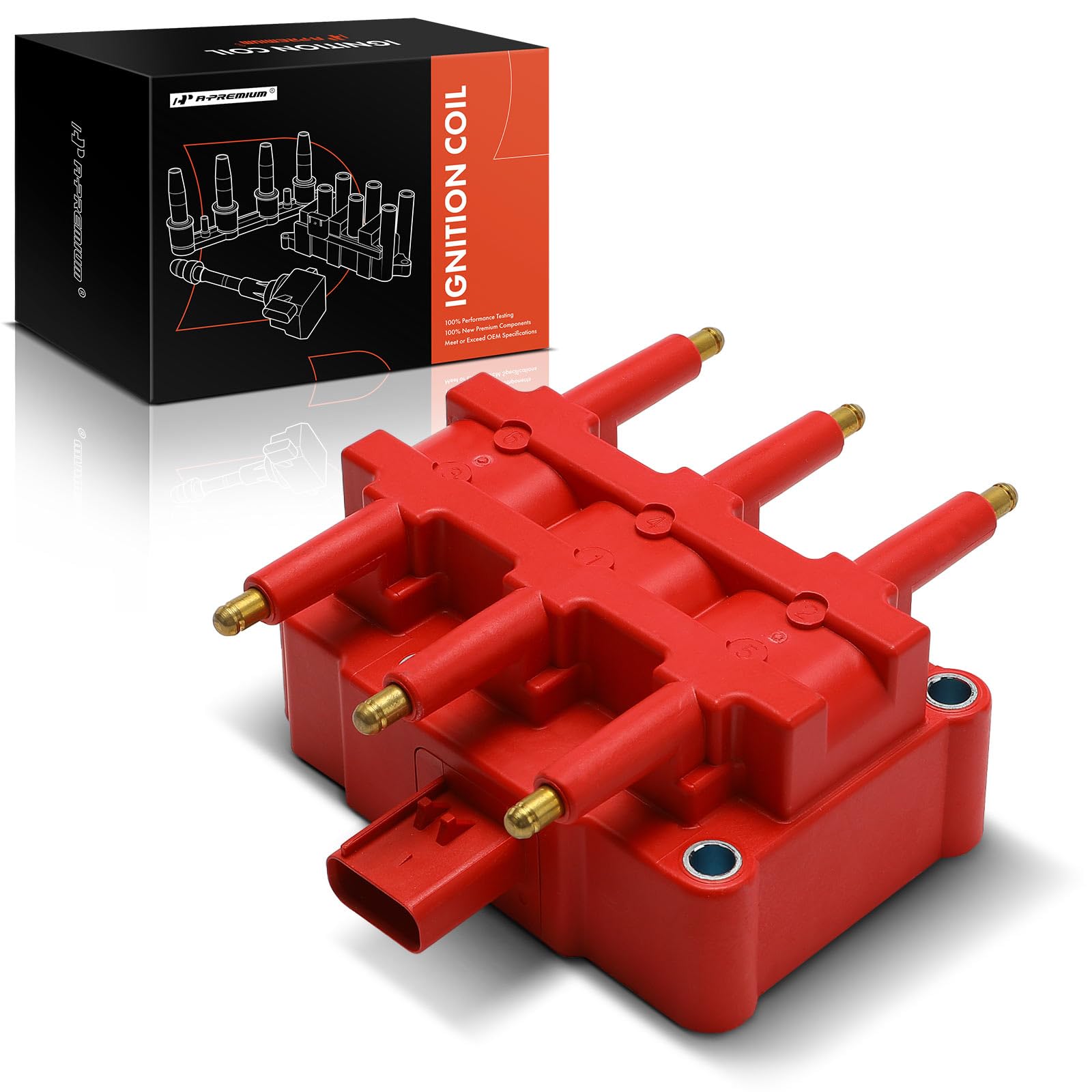A-Premium red ignition coil pack close-up showing blade terminals for durable ignition performance