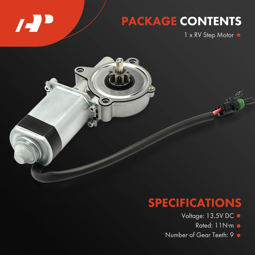 A-Premium RV step motor packaging showing contents for quick reference