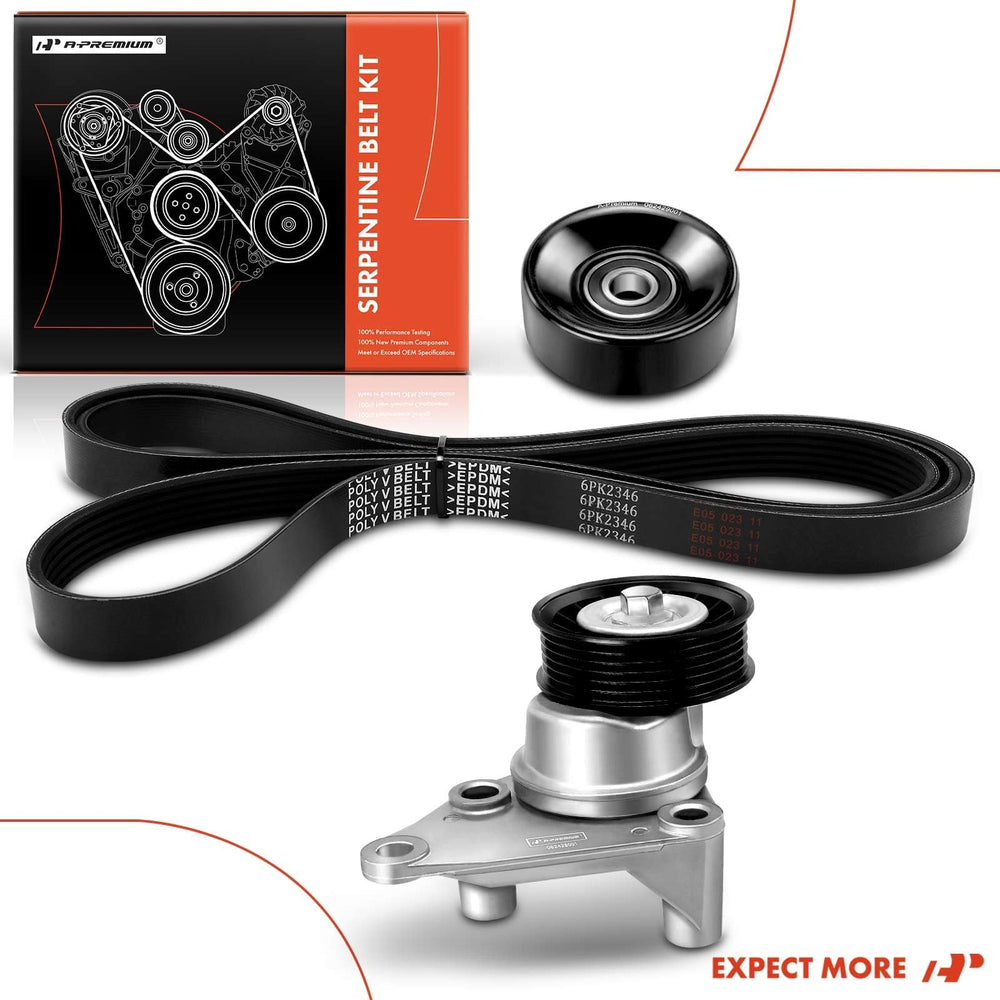Contents of the A-Premium kit: belt, tensioner, and idler laid out