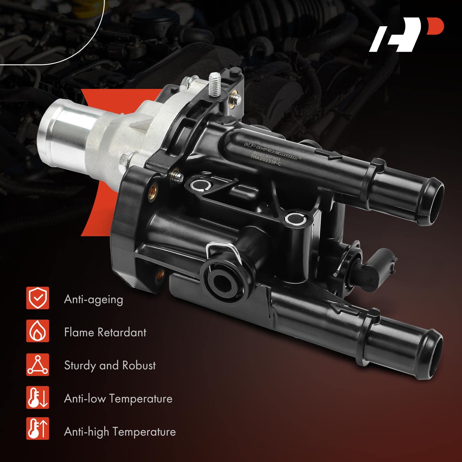 A-Premium thermostat housing components spread with sensor and o-ring