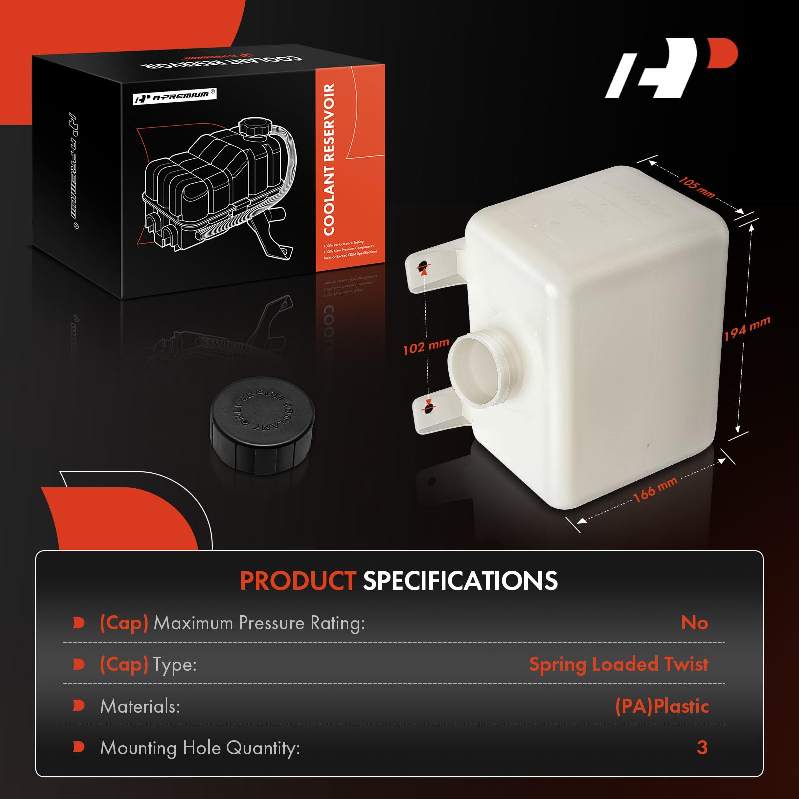 A-Premium reservoir with three mounting holes enabling flexible installation.
