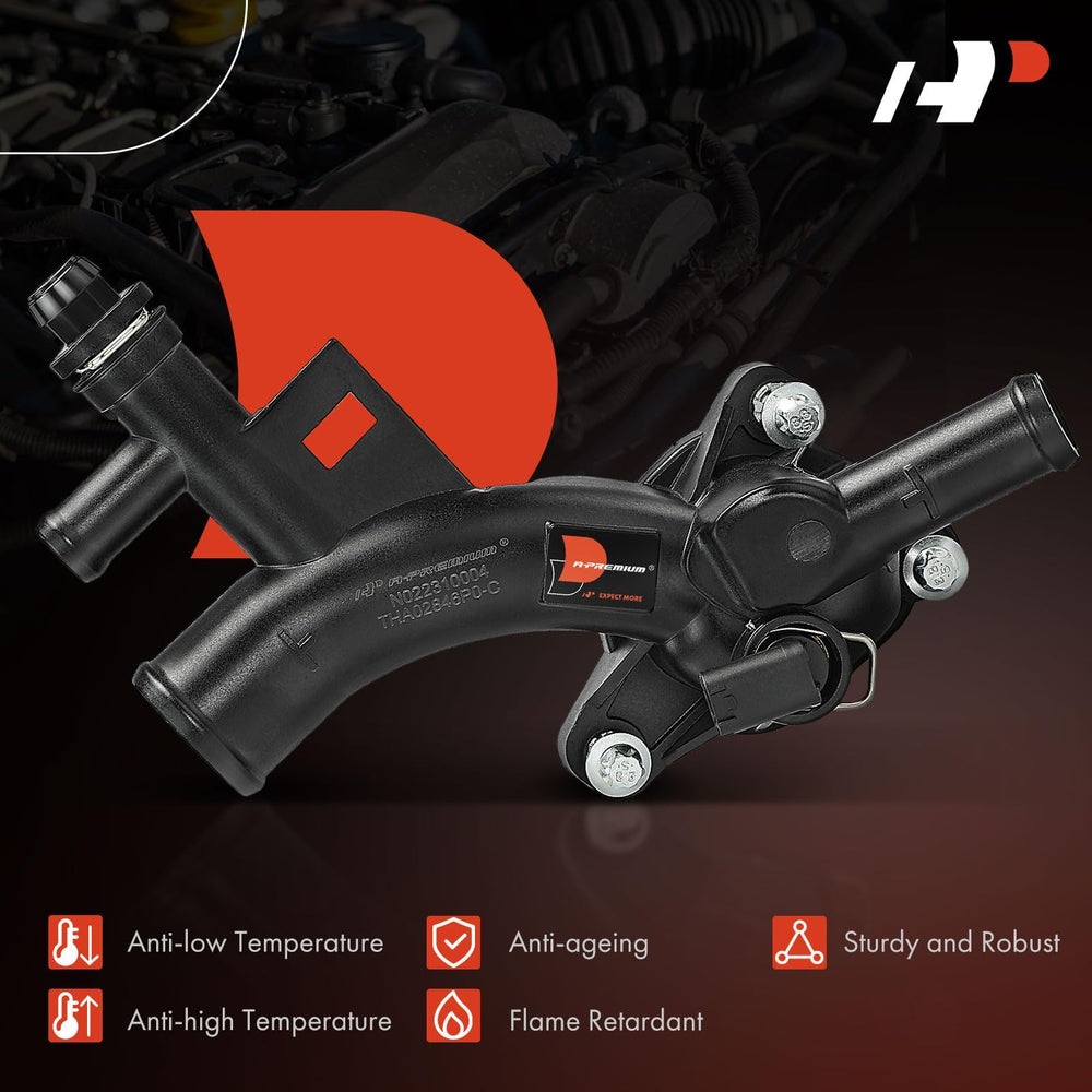 A-Premium water outlet thermostat housing shows integrated sensor and mounting hardware