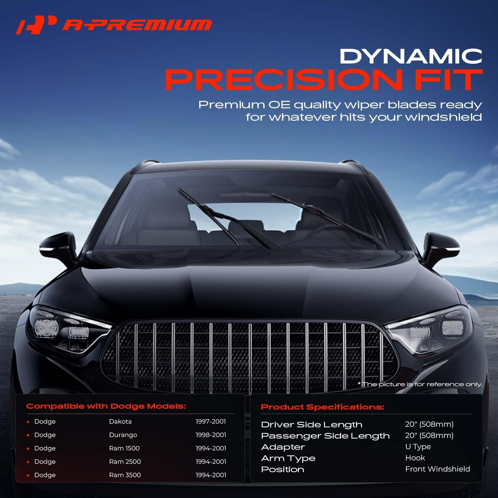 A-Premium wiper blades fit for Dodge Dakota, Durango, and Ram models, offering even pressure.