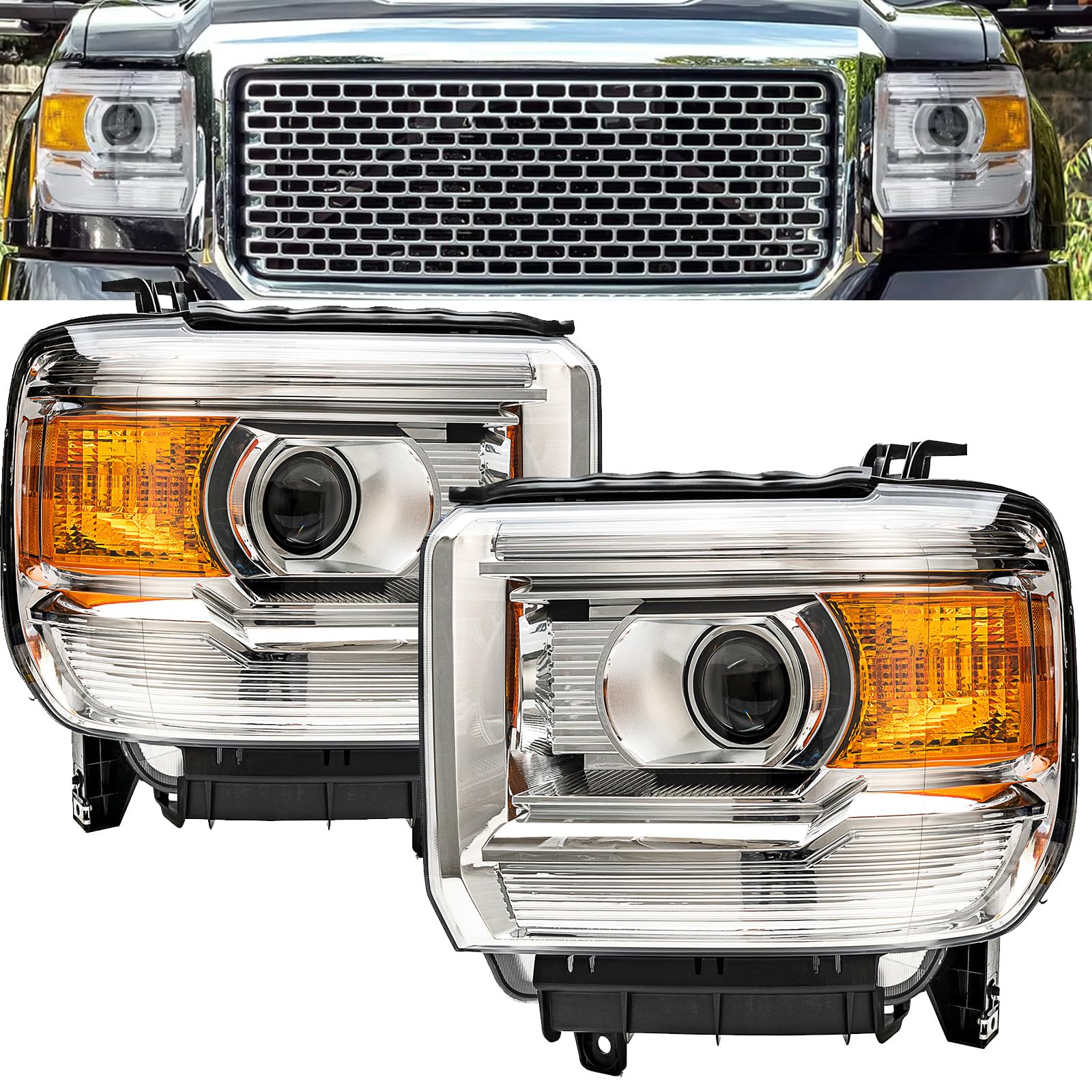 APSVE chrome amber driver-side headlight with bulbs for GMC Sierra enhances nighttime visibility