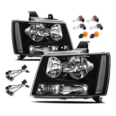 APSVE headlights for Chevy Tahoe with black housing and clear side lenses, plug‑and‑play replacement