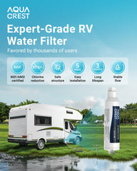 AQUA CREST RV inline filter with 360-degree hose protector enables flexible setup and reduced leaks.