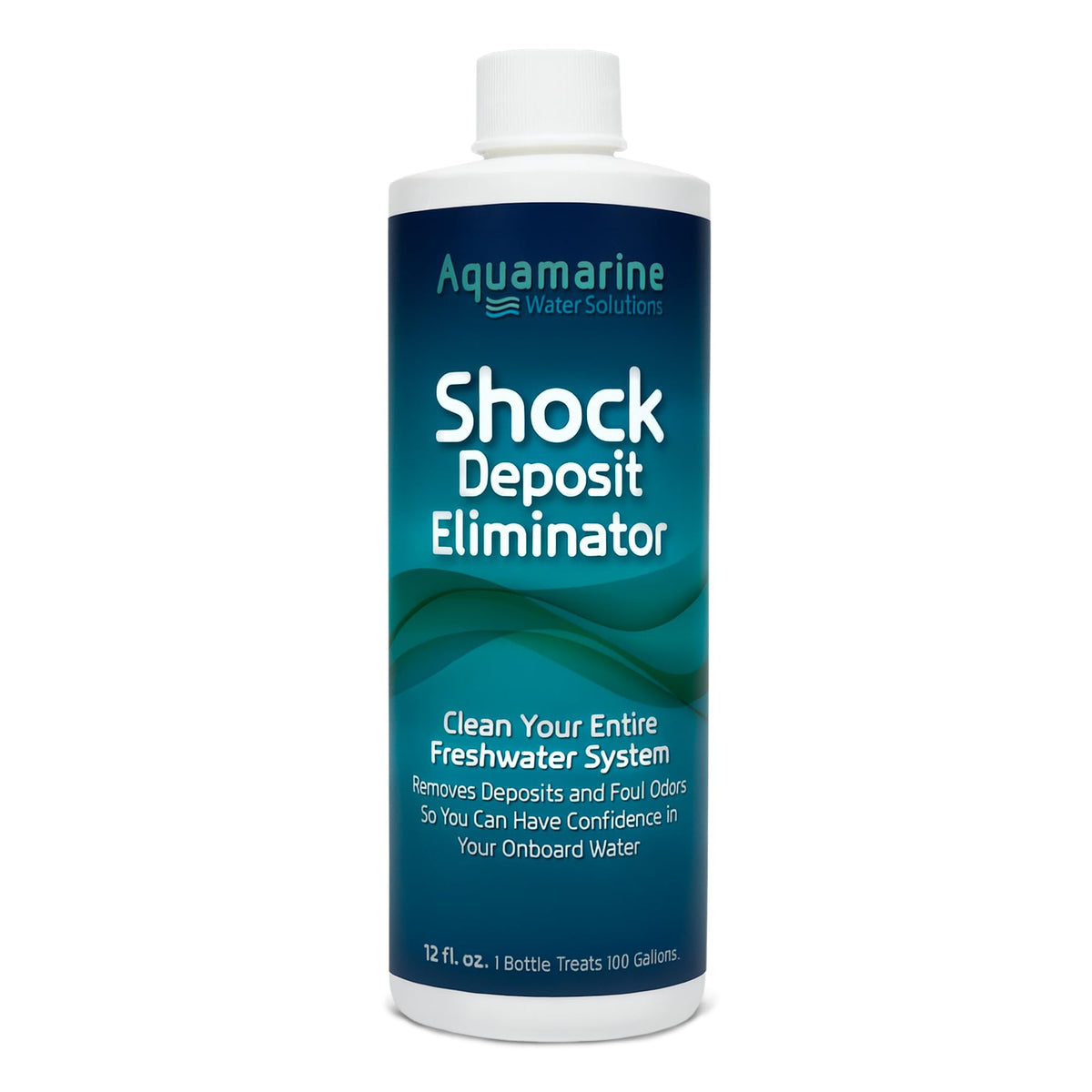 Aquamarine Shock bottle front view showcasing the deep-clean formula for fresh water tanks.
