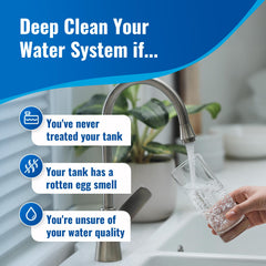 Aquamarine Shock pouring action into a tank for easy cleaning in boats and RVs.