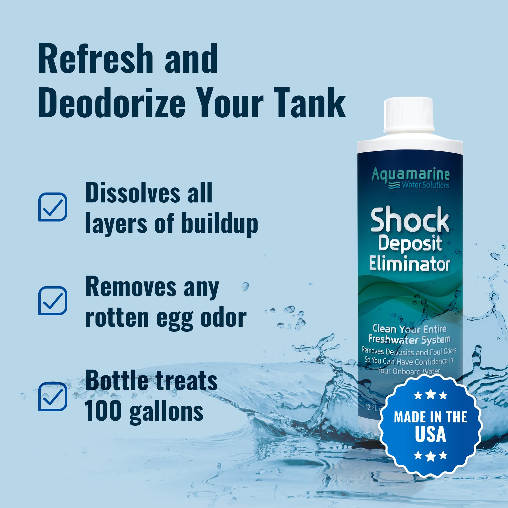 Aquamarine Shock system flush through pipes to refresh marine and RV water systems.