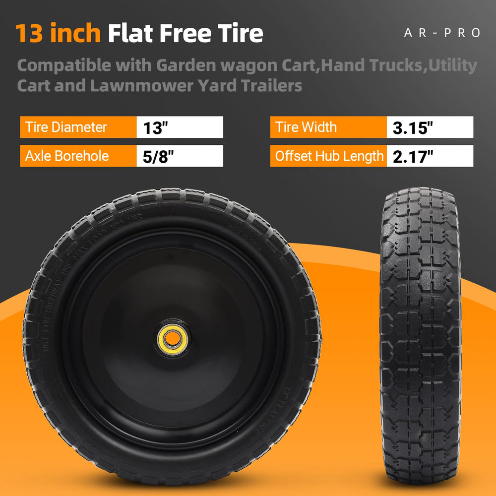 AR-PRO 13-inch flat-free tire and wheel side view showing durability
