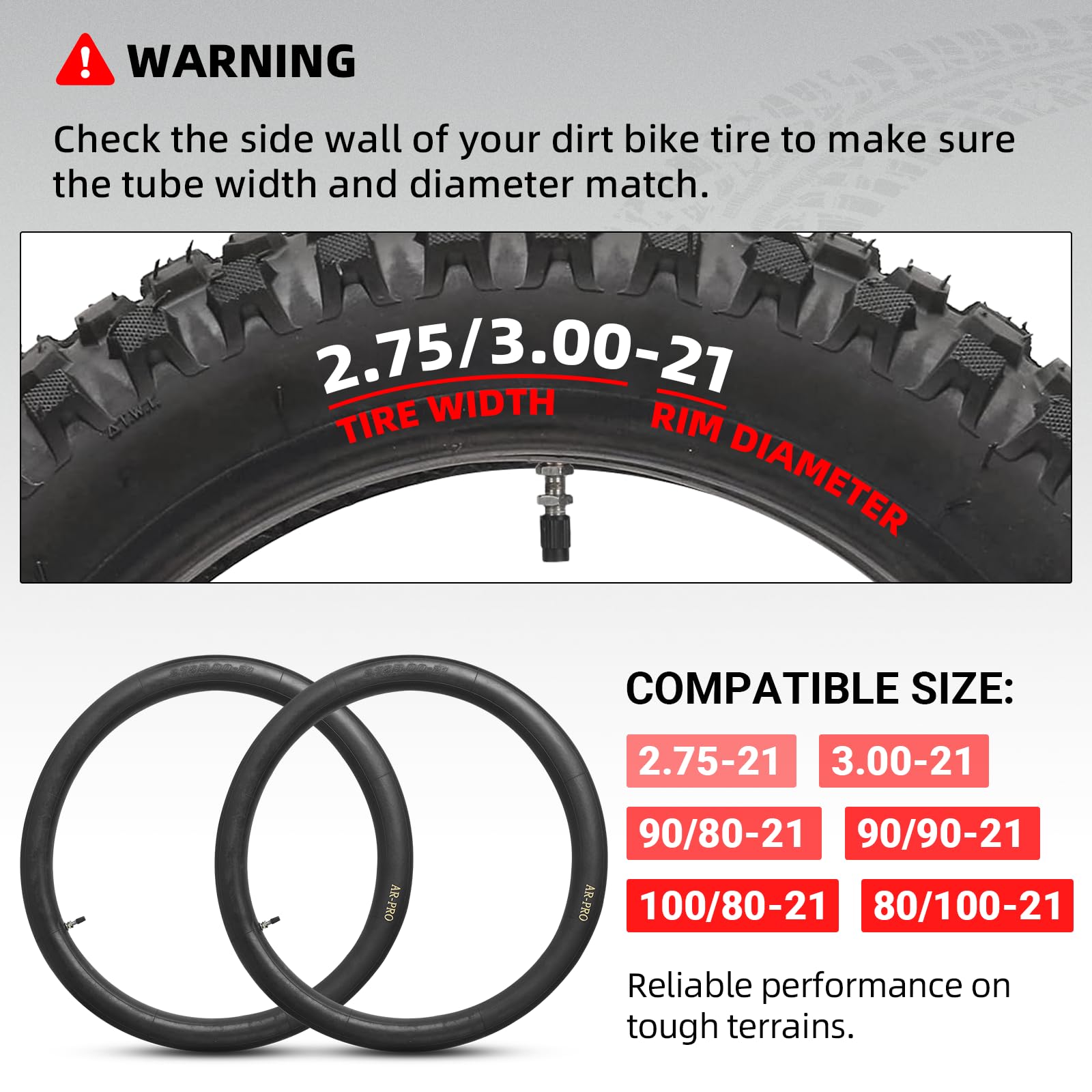 AR-PRO 2.75/3.00-21 front-wheel inner tube for snug fit.