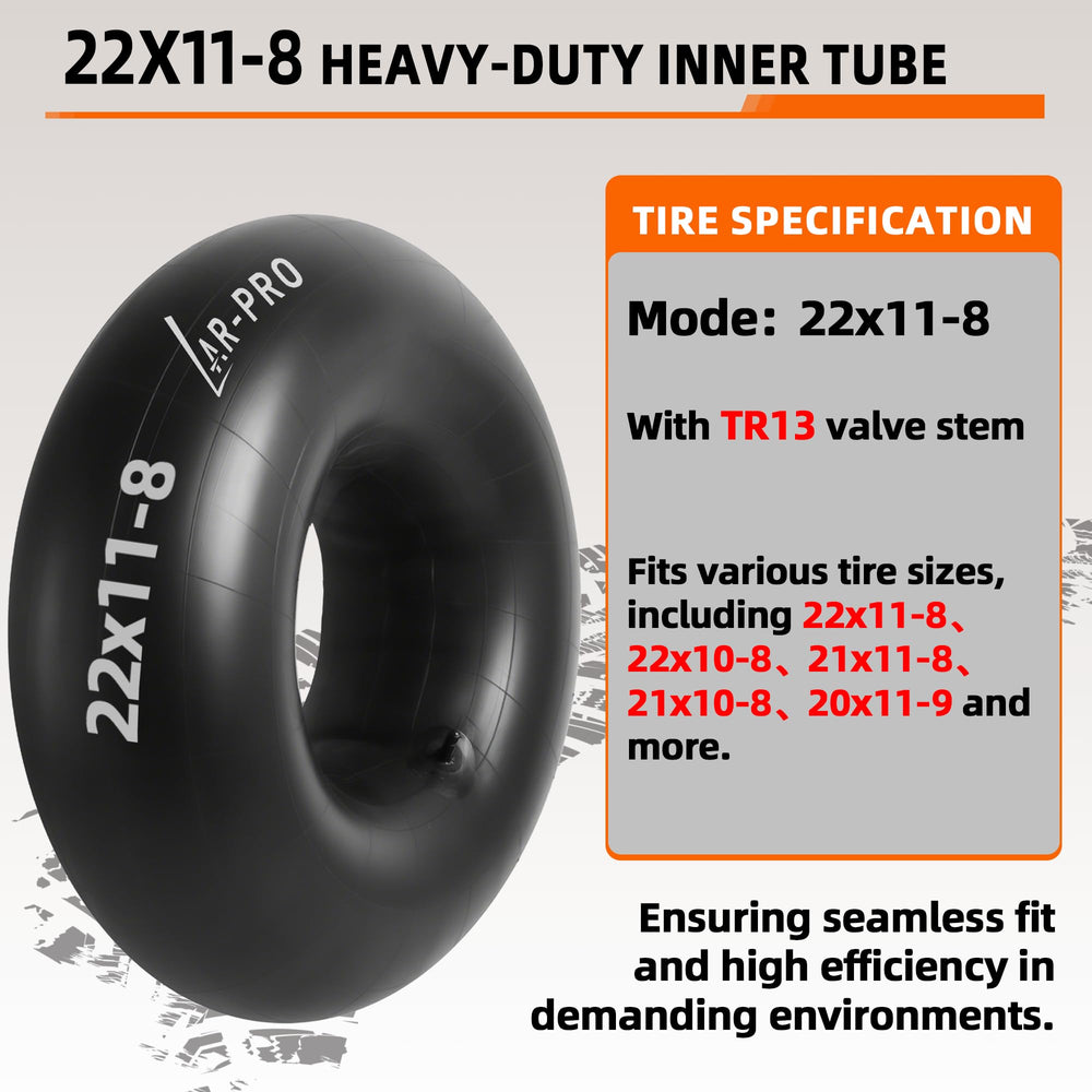 AR-PRO inner tube fits 22x10-8 tires and 21x11-8 for versatile use