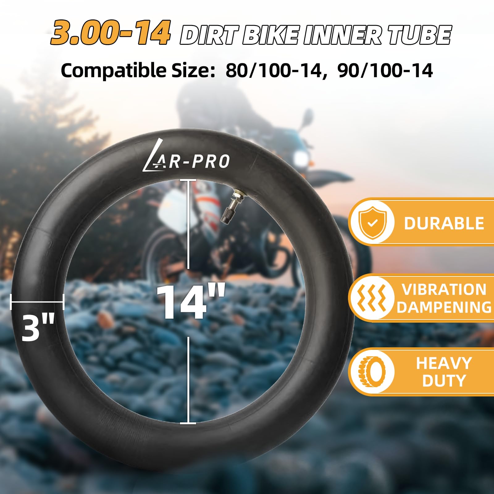 AR-PRO 3.00-14 rear inner tube ready for high-torque rims and easy installation.