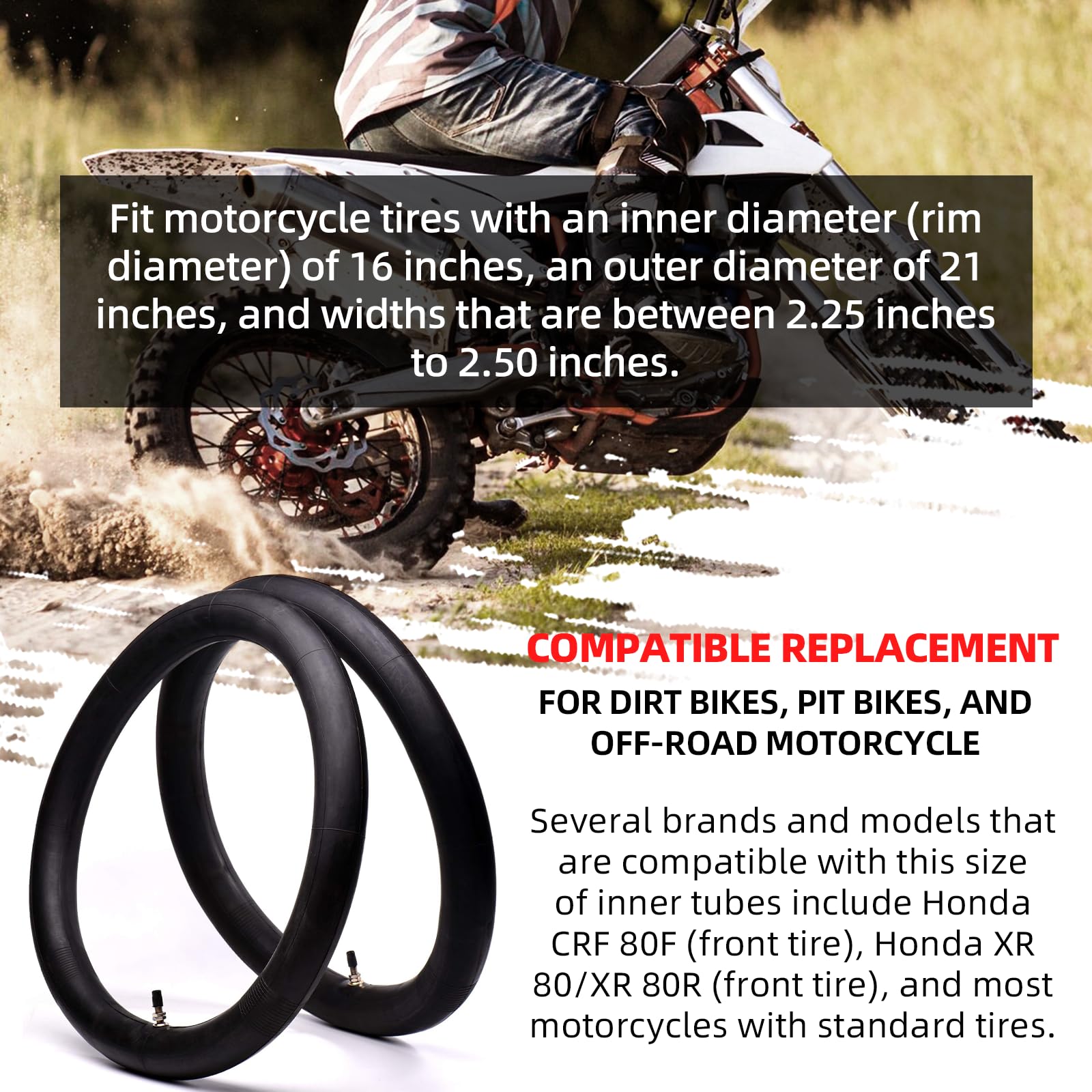 AR-PRO 16-inch inner tubes compatible with dirt bikes and pit bikes for quick repairs.