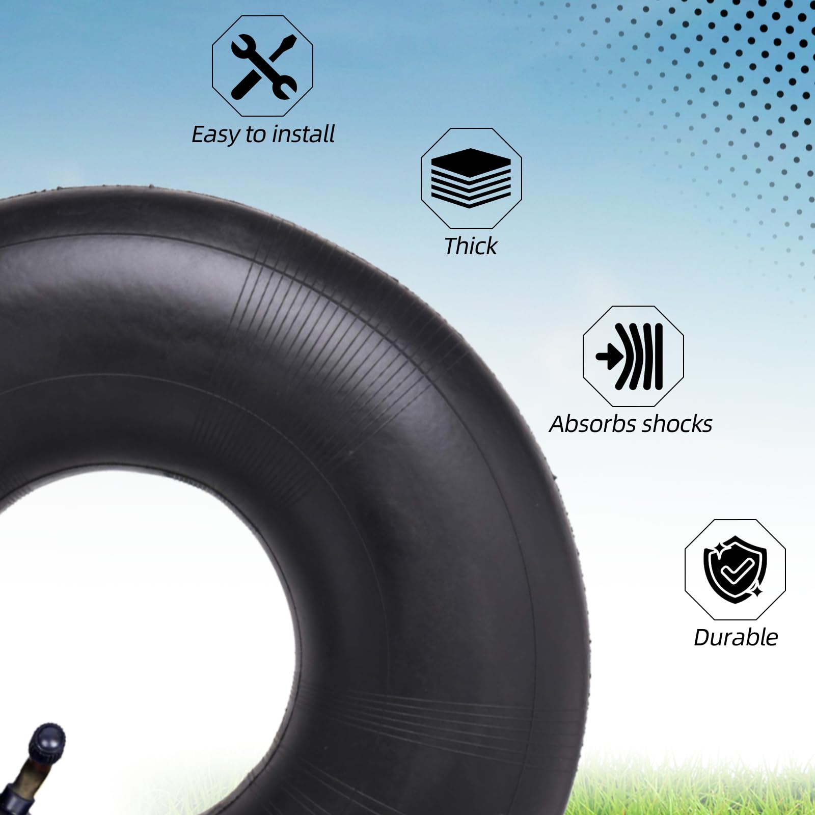 Thick butyl rubber construction provides durable air retention.