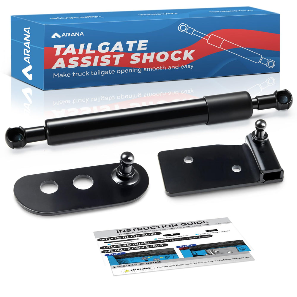 ARANA tailgate assist shock on a Chevy Silverado 1500 showing smooth, controlled lowering