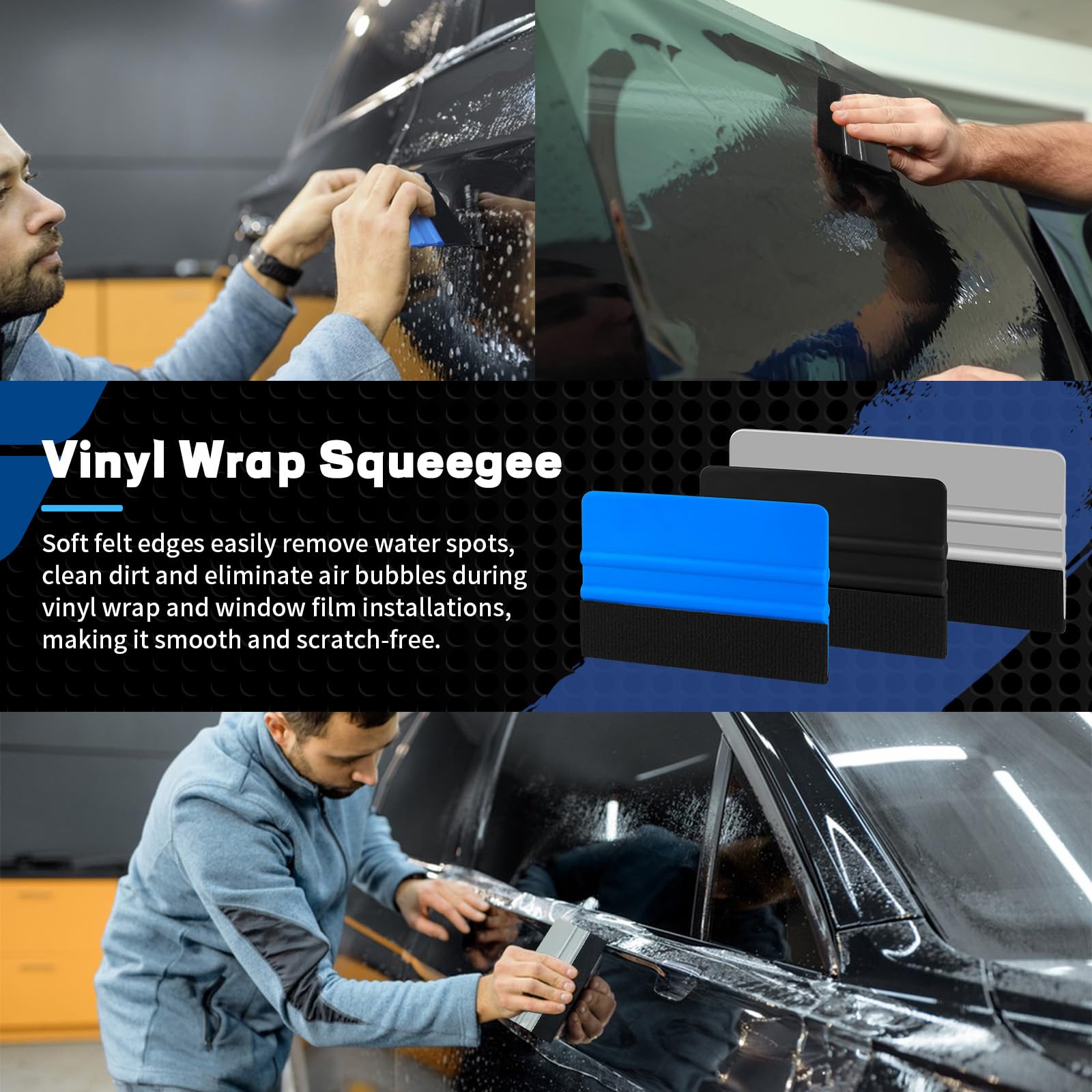 Arayker felt squeegee minimizes scratches while smoothing film.