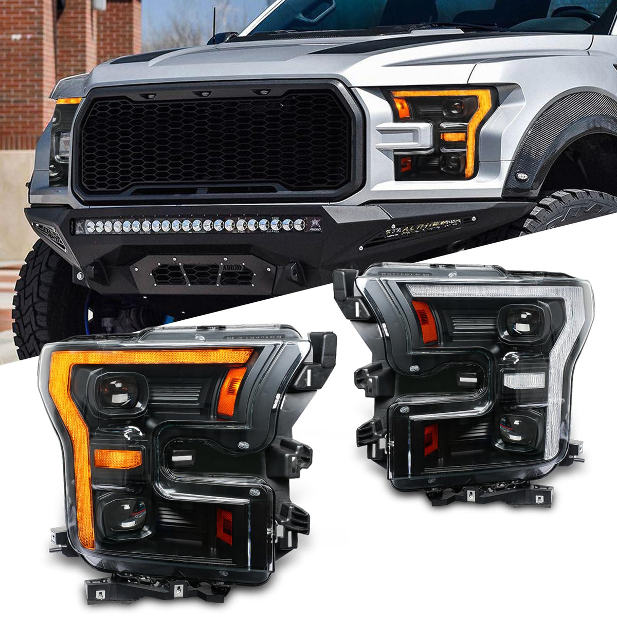 Archaic headlights for 2015-2017 F-150 front-left angle showing bolt-on upgrade