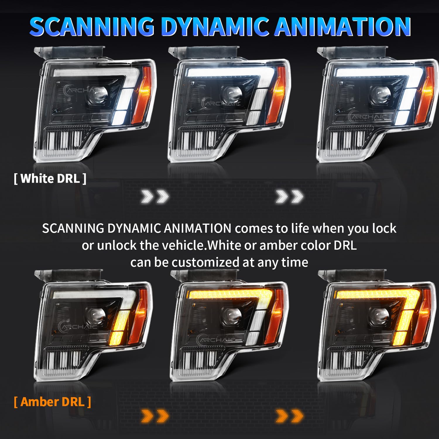 Archaic Headlights amber DRL mode provides distinct signaling on Ford F-150 drives.