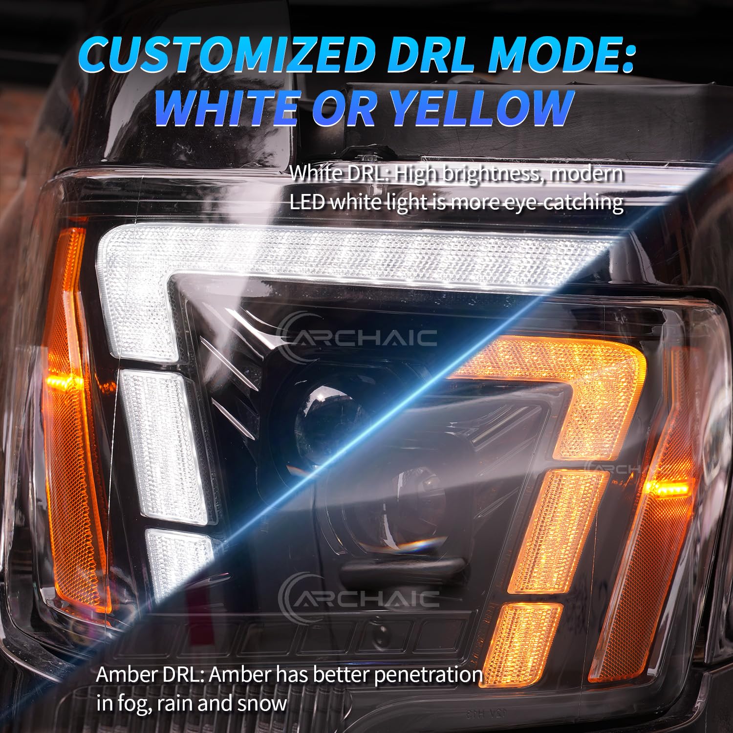Archaic Headlights feature sequential turning lights for Ford F-150 turns and lane changes.
