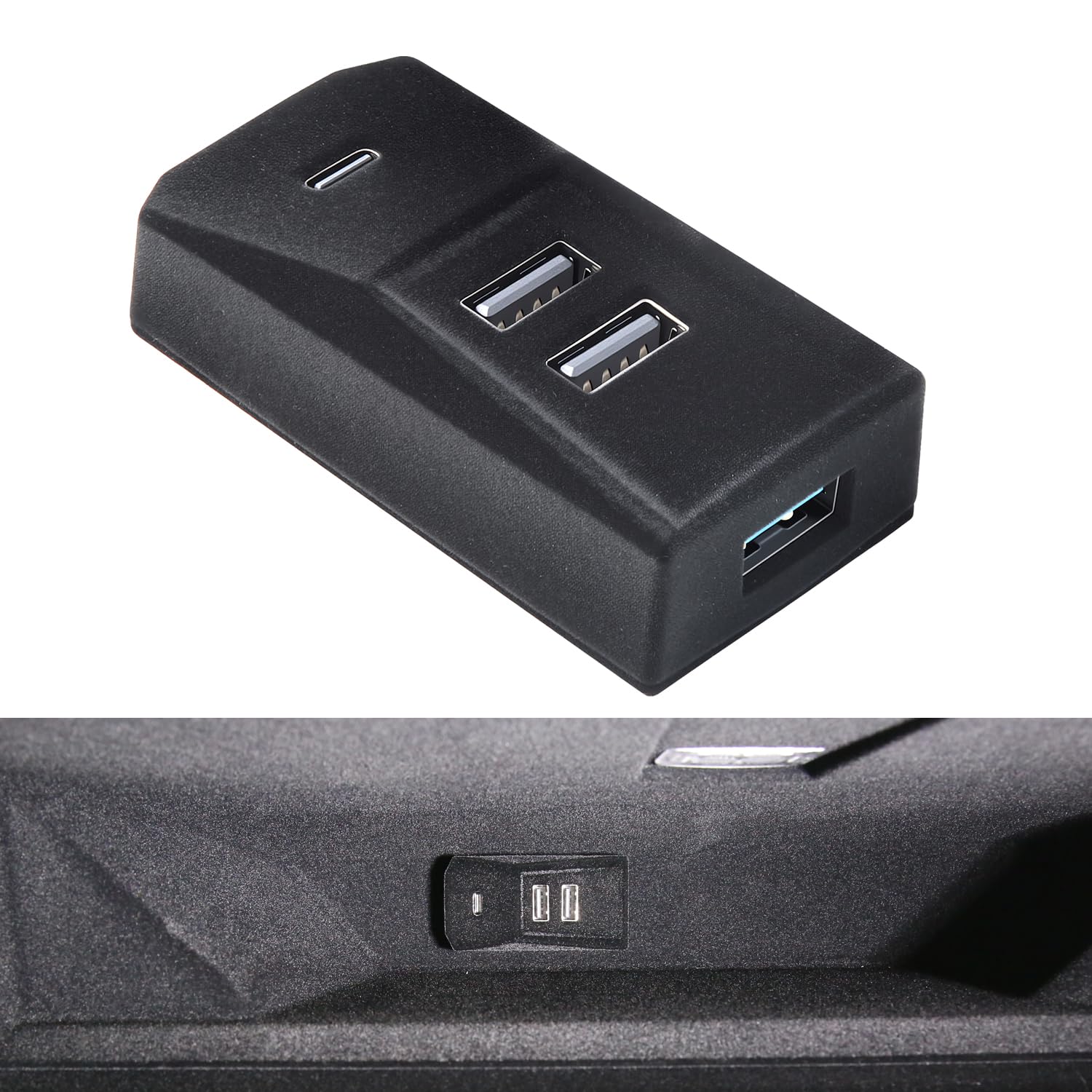 Arcoche glove box USB hub aligned with Model Y Juniper interior, four-port expansion