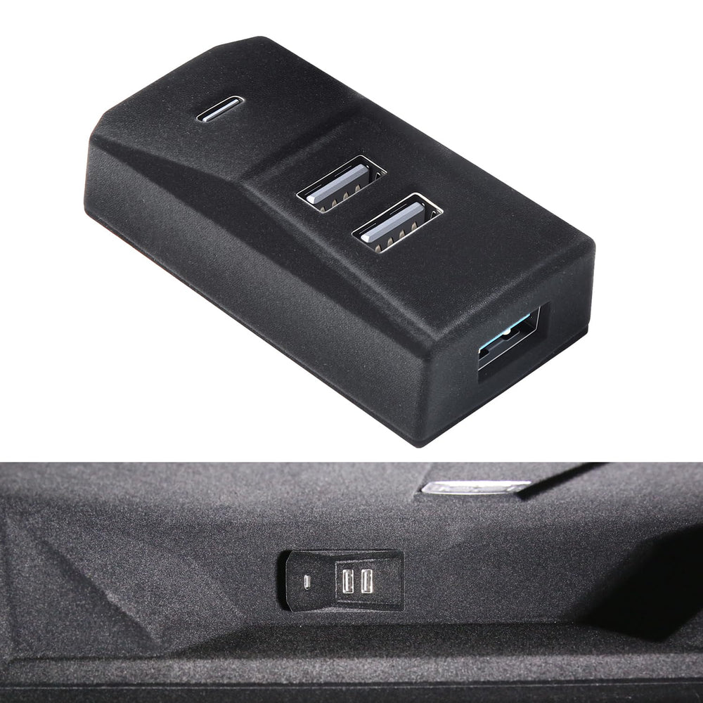 Arcoche glove box USB hub aligned with Model Y Juniper interior, four-port expansion