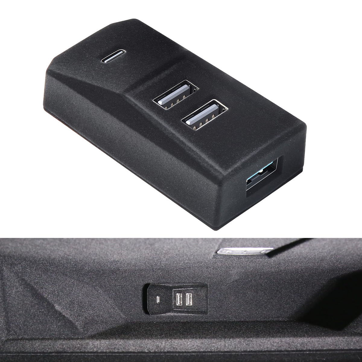 Arcoche glove box USB hub aligned with Model Y Juniper interior, four-port expansion