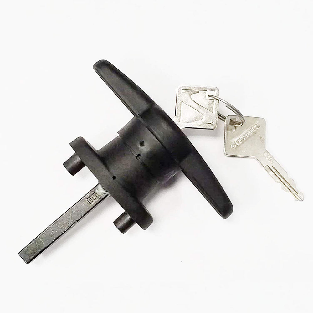 ARE T-Handle mounted on camper shell rear door for secure access.