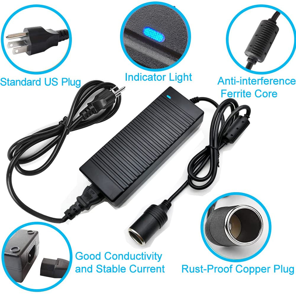 Arecwy 12V 10A output powers car devices up to 120W, including fridges and vacuums.