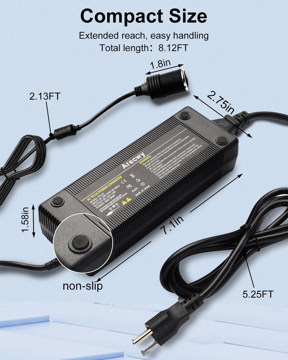 Arecwy 12V output cigarette lighter outlet for powering devices.