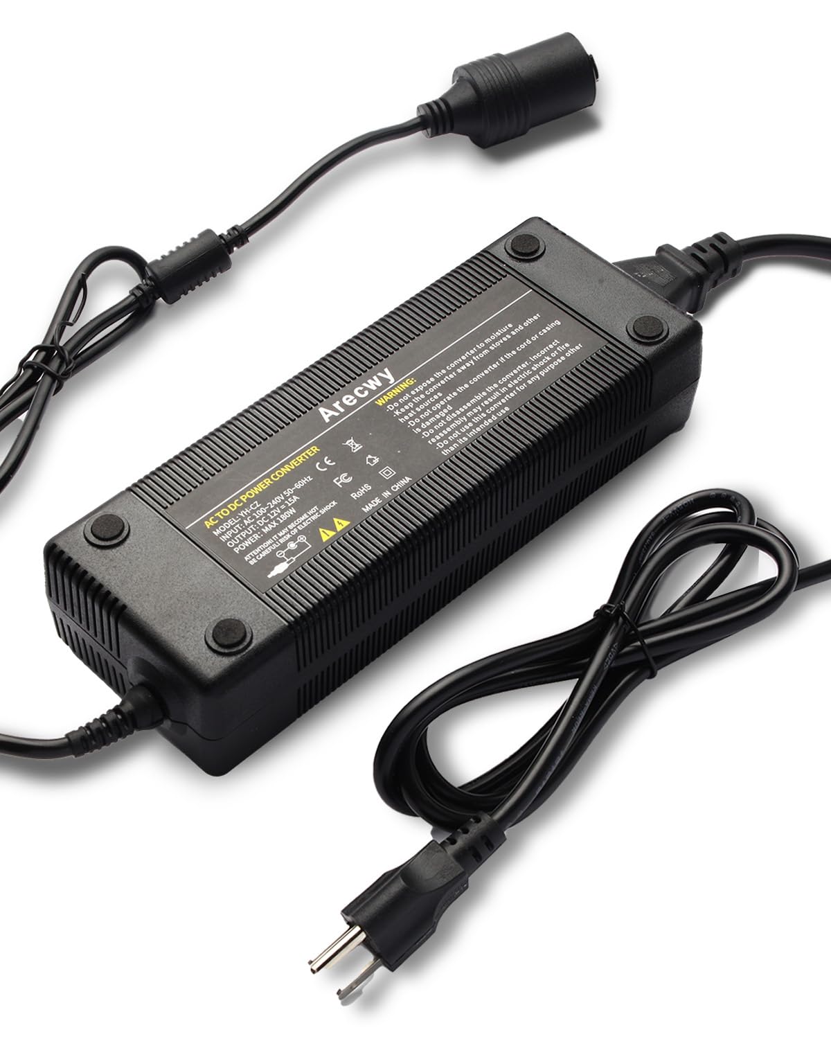 Arecwy AC-DC converter 180W front view with cooling fan for car use.