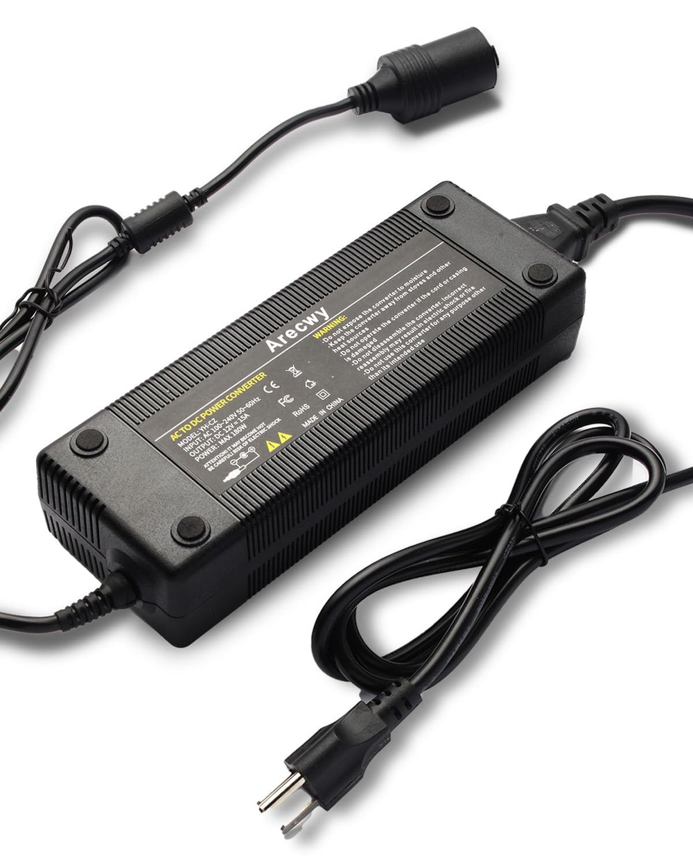 Arecwy AC-DC converter 180W front view with cooling fan for car use.