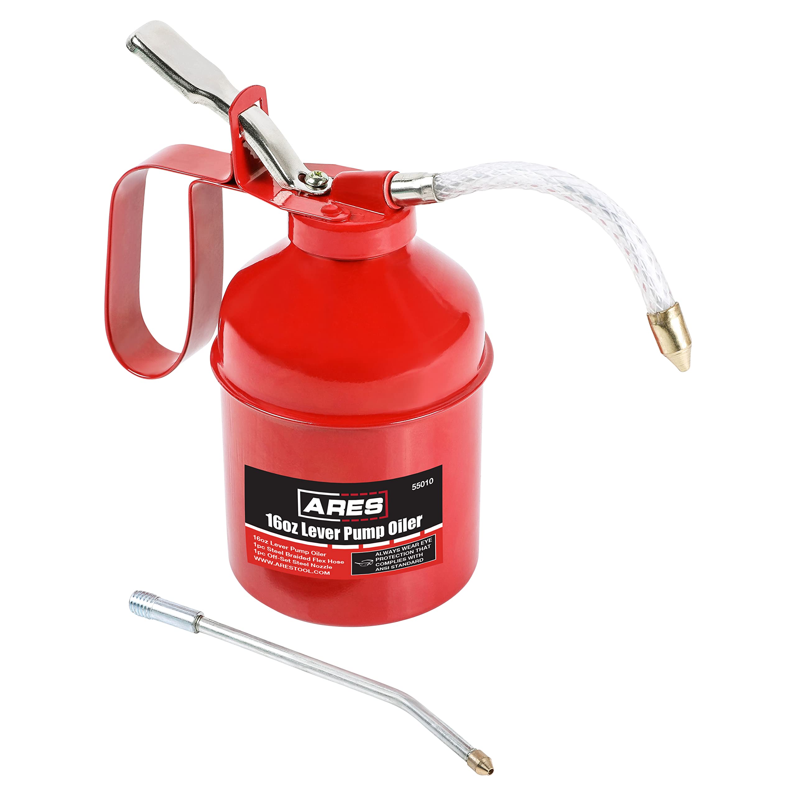 ARES 55010 lever-style oiler red can with offset nozzle for precise lubrication.