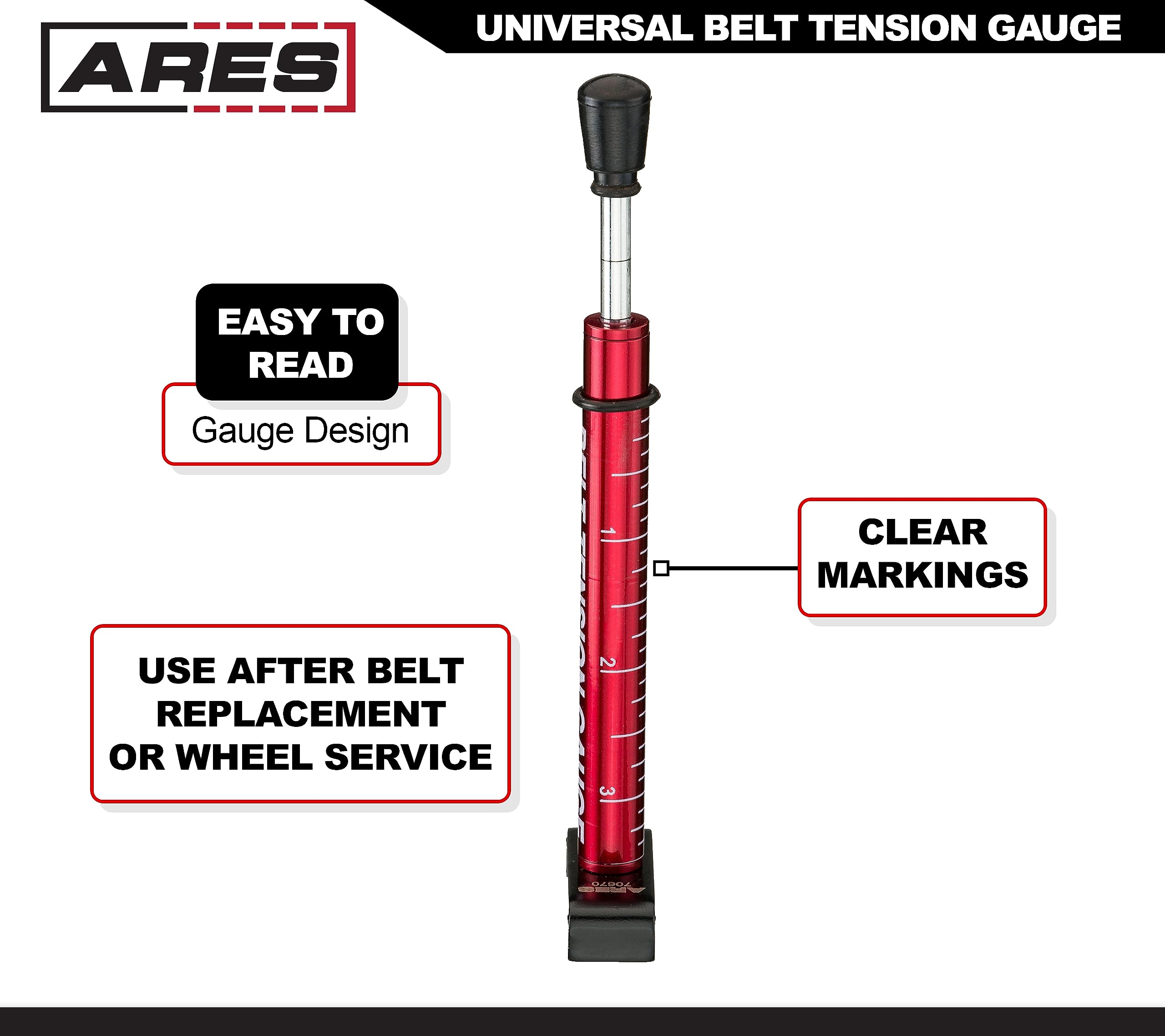 ARES belt tension gauge dial readings highlight clear markings for fast, accurate tension readings.
