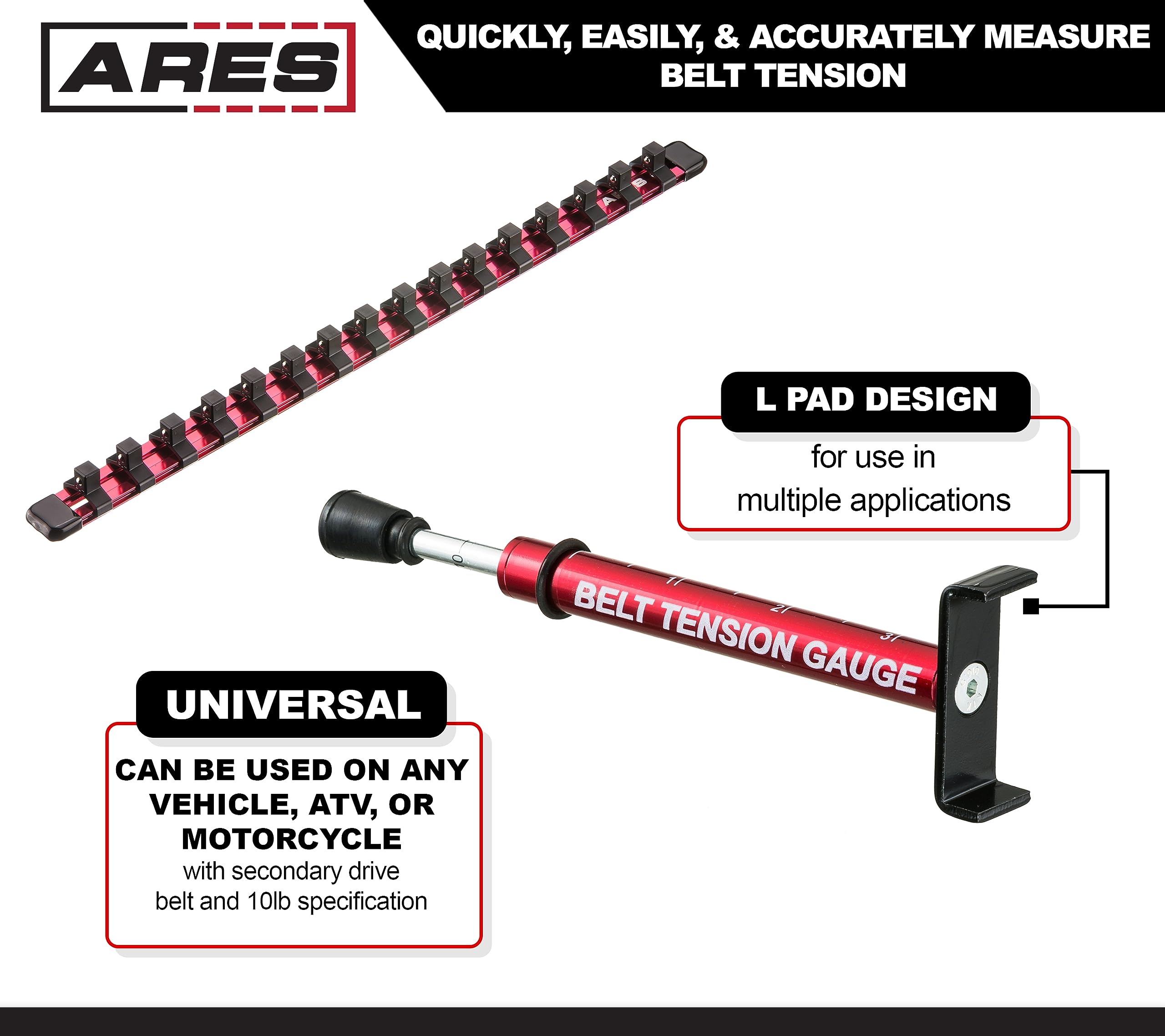 ARES belt tension gauge secure-L pad demonstrates belt placement during tension adjustments.