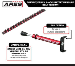 ARES belt tension gauge secure-L pad demonstrates belt placement during tension adjustments.