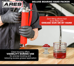 ARES Deluxe Bearing Packer clear housing lets you monitor grease flow during packing.