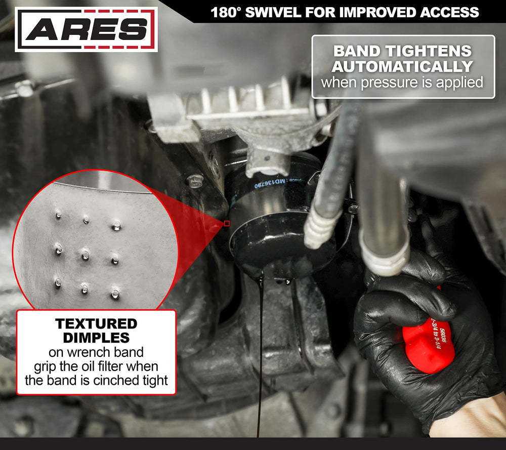 ARES oil filter wrench with 180-degree swivel adapts to tight angles.